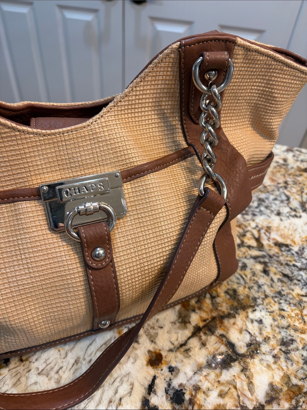 Chaps Two-Tone Tan and Brown Chain-Accent Shoulder Bag